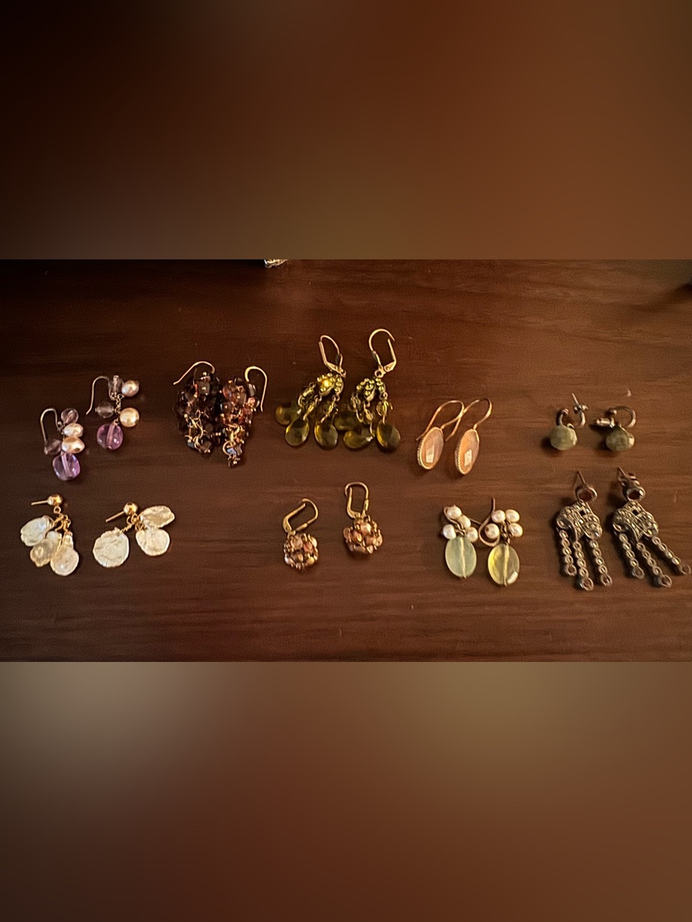 Mixed Drop and Dangle Earrings Set in Green, Purple, Brown and Gold Tones